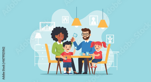 A happy family of four (parents, son, daughter) enjoys quality time together at home, fostering communication and connection.
