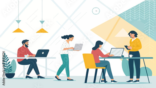 Diverse team of professionals working productively with laptops and tablets in a vibrant, modern office environment. Represents collaboration and efficiency.