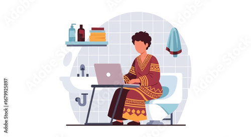 A person efficiently works on a laptop in the bathroom, depicting extreme remote work, multitasking, and digital lifestyle in an unconventional setting.