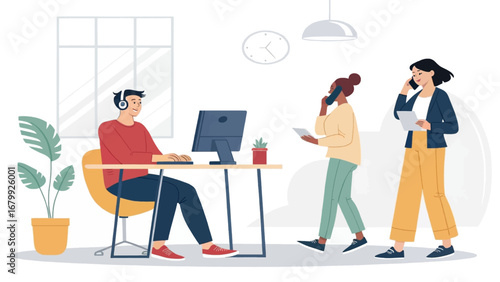 Diverse business professionals collaborate and communicate in a modern office, showcasing teamwork, remote work, and digital productivity.
