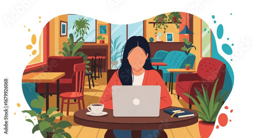 Woman focused on her laptop in a cozy cafe, enjoying a cup of coffee. Ideal for concepts of remote work, study, freelance lifestyle, or casual business meetings.