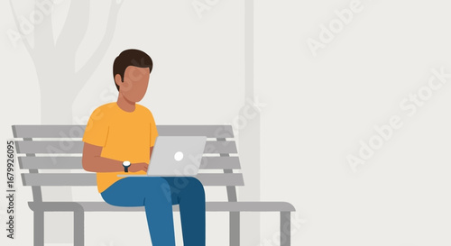 Person sitting on a park bench, casually working on a laptop. Represents remote work, studying, or freelance lifestyle with flexibility and connectivity.