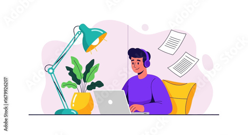 Smiling person wearing headphones works on a laptop at a desk with a lamp and plant, illustrating remote work, online learning, or creative project.
