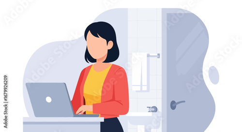 Woman working on a laptop in a restroom, highlighting remote work flexibility or the challenge of finding quiet space. Concept of modern work-life integration.