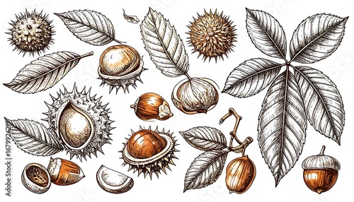Detailed botanical illustration of various nuts and leaves