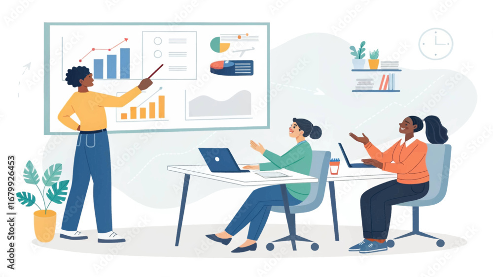 Fototapeta premium Diverse business team collaborating in a modern office, analyzing data and discussing strategy on a whiteboard. Professional meeting, corporate growth, and teamwork.