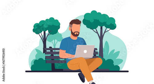 A man with a beard sits on a park bench, working on his laptop. Represents remote work, freelance, or casual outdoor productivity and digital nomad lifestyle.