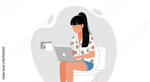 Woman using a laptop while sitting on the toilet, illustrating remote work, multitasking, or technology addiction in a casual home setting.