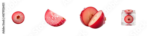 Sliced cranberries shown against white background. Fresh fruit, vibrant, healthy, food photography, raw, cut, vitamins, delicious, juicy, ingredient, freshness