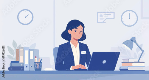 A smiling professional woman works efficiently on her laptop at an organized office desk, ideal for business, technology, or remote work concepts.