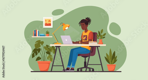 Young person with dreadlocks working diligently on a laptop at a modern, plant-filled home office desk, symbolizing remote work and productivity.