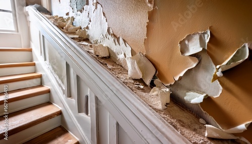close up view of peeling lead paint on a stairwell wall during a renovation project