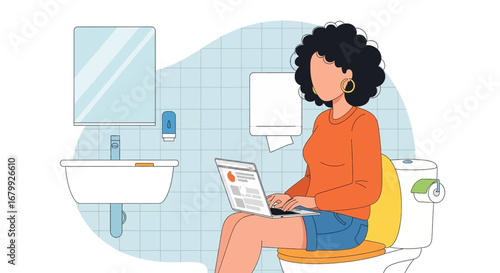 Woman works on laptop while sitting on a toilet in a bathroom, illustrating remote work flexibility, privacy, or multitasking challenges. A humorous take on modern lifestyle.