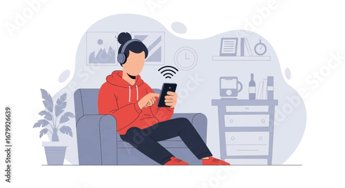 Relaxed individual with headphones using a smartphone on a sofa at home. Illustrates modern digital connectivity, leisure, and comfortable lifestyle.