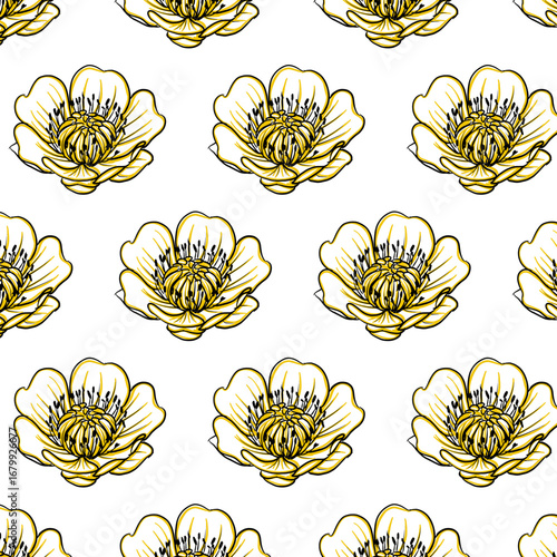 Cloudberry or Rubus chamaemorus flower Seamless Pattern Hand drawn vector line art, Black and Yellow Flower isolated in white. Beautiful design for textile, wallpaper, wrapping paper