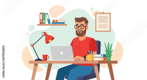 Happy bearded man working remotely on a laptop at a home office desk, surrounded by books and plants. Ideal for productivity and freelance concepts.