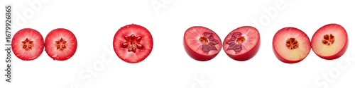 Cranberries sliced for healthy food. Fruit halves, cut open, inside texture. Fresh produce, organic eating.