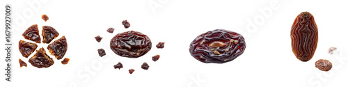 Raisins shown whole, sliced, and in pieces. Dried fruit snack, sweet, healthy food, ingredient, snack, nutrition