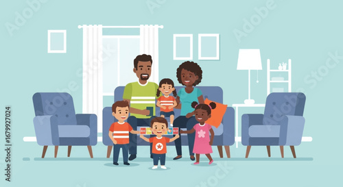 Happy diverse family with parents and four children relaxing and playing together in a cozy living room at home, depicting joy and togetherness.