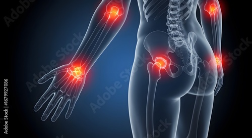 Arthritis pain points illustrated on a woman's skeleton, perfect for medical education or pharmaceutical advertising highlighting joint inflammation