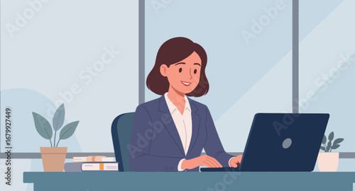Smiling businesswoman diligently working on her laptop at an office desk. Represents productivity, professional success, and modern corporate work environment.