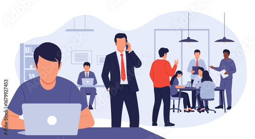 Diverse business professionals actively collaborate and communicate in a modern office environment, symbolizing teamwork, productivity, and innovation.