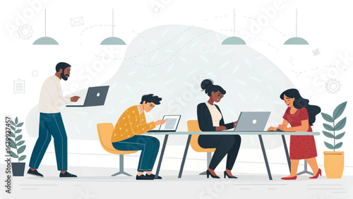 Diverse professionals focused on laptops in a modern office, symbolizing teamwork, productivity, and a collaborative business environment.