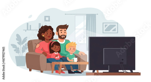 Diverse family relaxing on a sofa, happily watching television together at home. Illustrates cozy domestic life, entertainment, and quality time.