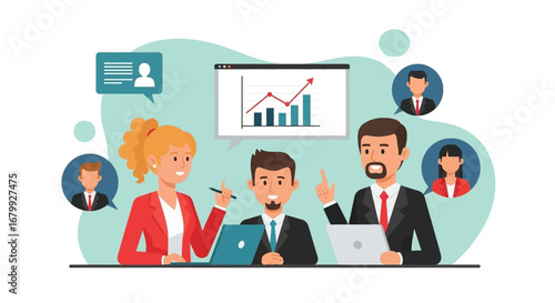 Business professionals collaborate in an online meeting, analyzing data and discussing strategy for growth. Perfect for business, finance, and technology concepts.