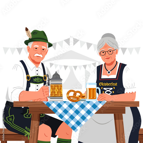 Joyful Senior Couple in Traditional Bavarian Tracht Enjoying Oktoberfest with Beer and Pretzels at a Festive Outdoor Table, German Festival Celebration.