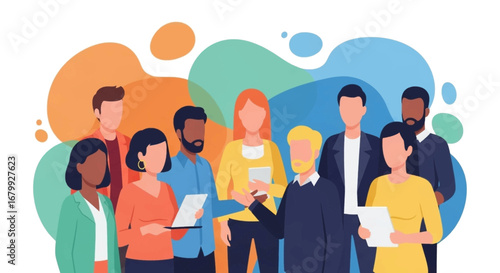 Diverse group of business professionals collaborating and communicating. Represents teamwork, community, and effective networking in a dynamic environment.