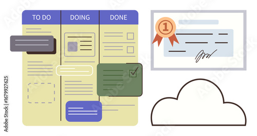 Kanban board with to-do, doing, and done columns, award certificate, and cloud icon. Ideal for project management, teamwork, workflow, achievement productivity digital storage online tools simple