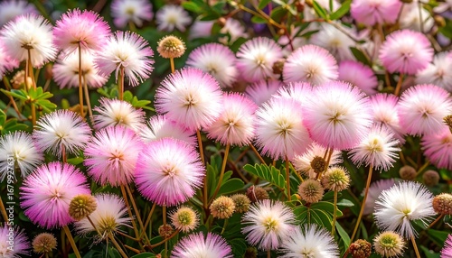 A close-up view of a cluster of delicate pink and white flowers, showcasing their fluffy, dandelion-like blossoms and vibrant colors against a background of lush green foliage.