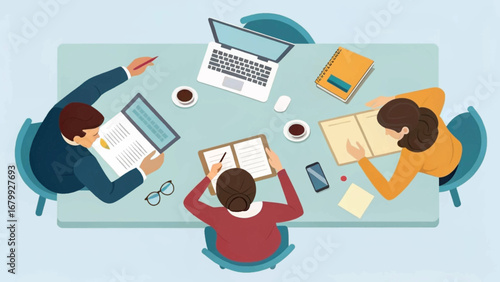 Diverse business team actively collaborating around a table with laptops, coffee, and documents, fostering teamwork and productivity.