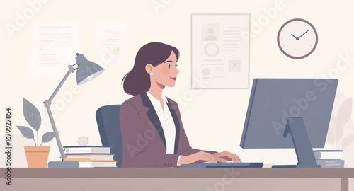 Professional woman diligently working on a computer in a modern office environment. Represents productivity, business efficiency, and digital work.