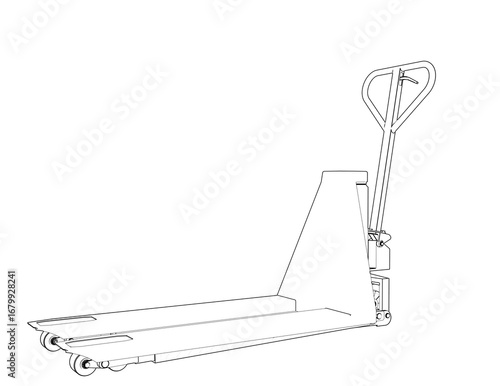 Industrial Pallet Truck Wireframe: Detailed Technical Vector Line Art for Warehouse Logistics, Material Handling and Supply Chain Efficiency. Monochrome Blueprint Illustration for Factory Operations.
