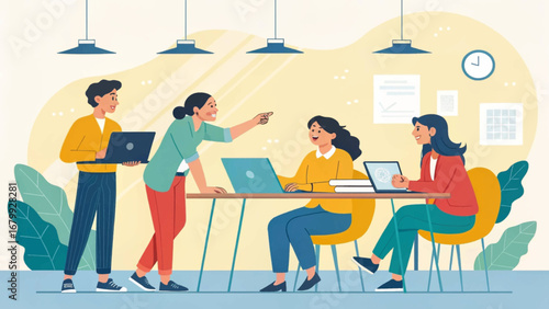 Diverse business team collaborating in a modern office, engaged in a productive meeting with laptops. Perfect for themes of teamwork, innovation, and professional development.