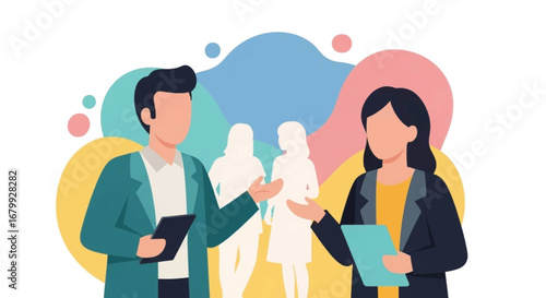 Business professionals discuss ideas and collaborate in a vibrant, modern setting. Ideal for concepts of teamwork, strategy, and successful communication.
