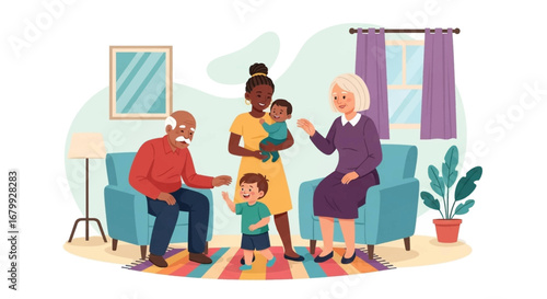 A joyful multi-generational family: grandparents, mother, and two children interacting happily in a cozy home. Depicts love, care, and family bonding. Ideal for domestic life and parenting themes.