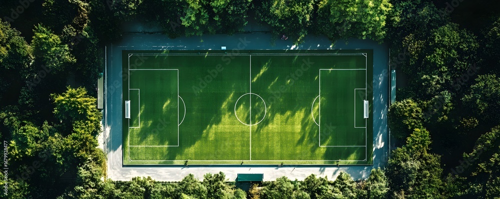 Obraz premium Aerial view of a vibrant green soccer field surrounded by dense trees, showcasing a well-maintained pitch ready for a match, ideal for sports enthusiasts and nature lovers alike.