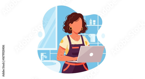 A woman multitasking, working on her laptop in a modern bathroom setting. Represents remote work, productivity, home-based business, or online learning, blending daily life with technology.