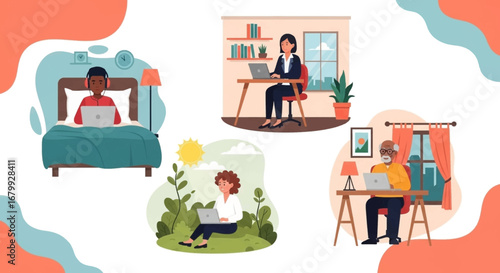 Diverse individuals work and learn remotely from various settings: bed, home office, and outdoors. Illustrates flexible modern work, digital lifestyle, and education.