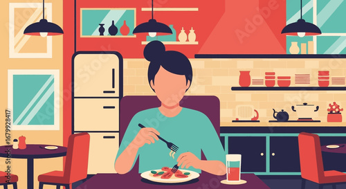 A person enjoys a meal at home in a stylish, modern kitchen setting. This illustration represents healthy eating, daily routines, and a comfortable lifestyle.