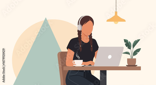 Focused woman with headphones working remotely on a laptop in a cozy, modern setting. Ideal for themes of productivity, online education, or freelance lifestyle.