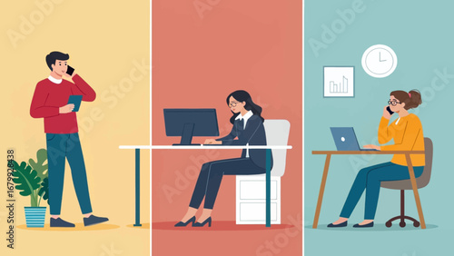 Diverse professionals working in various settings: a man on mobile, a woman in an office, and another woman working remotely. Representing modern work, communication, and productivity.