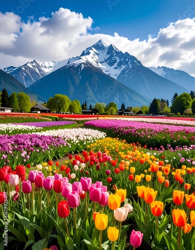 Colorful tulip fields meet snowy peaks