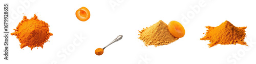 Apricots and turmeric spice in powder form shown. Culinary ingredient, cooking, flavoring, food preparation, nutrition, healthy eating, vegan, antioxidant, diet.