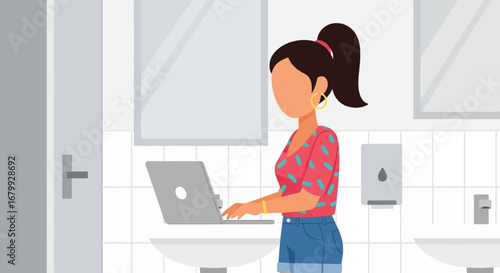 Woman works on her laptop in a clean public restroom, illustrating remote work, unexpected productivity, or a need for privacy. Ideal for modern business and lifestyle concepts.