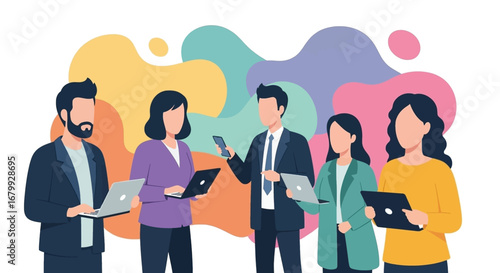 Diverse business professionals collaborate using digital devices: laptops, smartphone, and tablet. Illustrates modern teamwork, communication, and technology integration.
