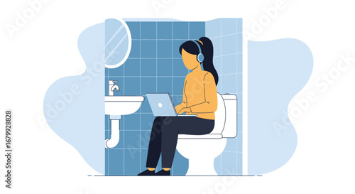 Woman with headphones working on laptop while sitting on a toilet. Illustrates extreme remote work, modern multitasking, or the challenges of work-life boundaries.